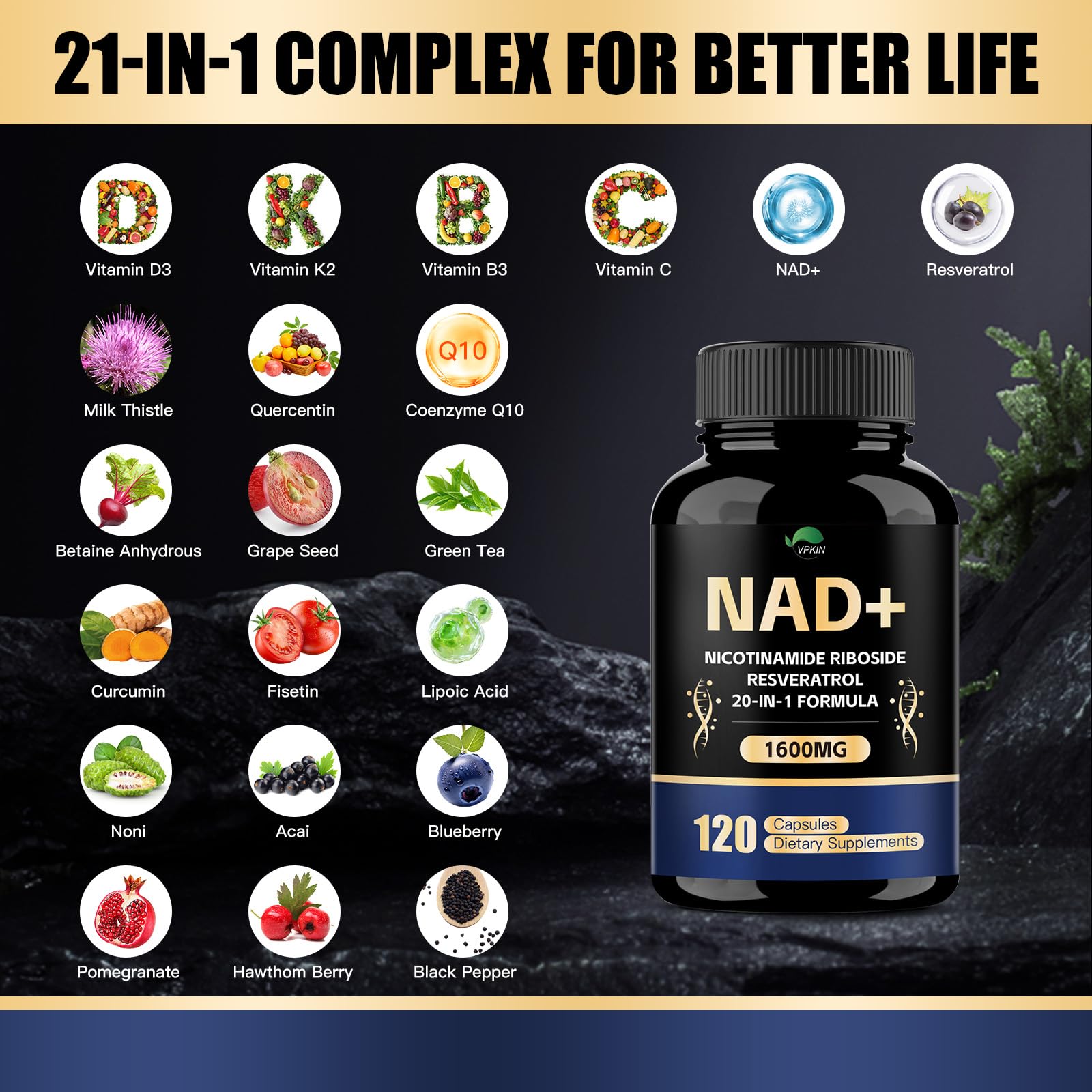 Graphic showing NAD+ ingredients: Resveratrol, Nicotinamide, Quercetin, CoQ10
