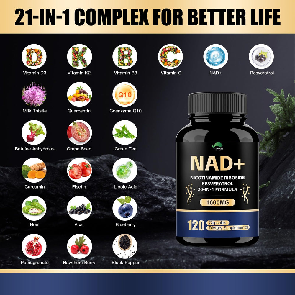 Graphic showing NAD+ ingredients: Resveratrol, Nicotinamide, Quercetin, CoQ10