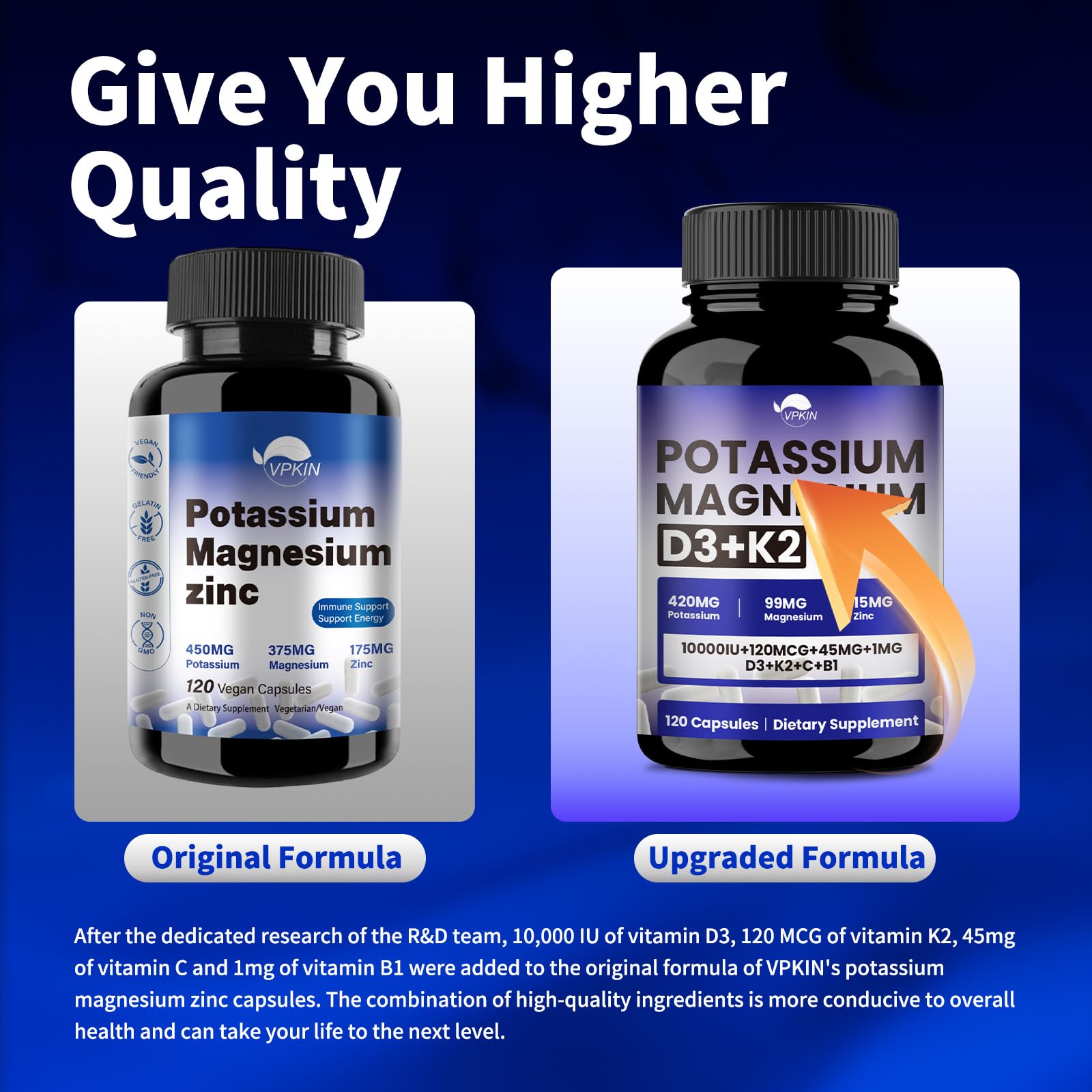 Close-up of 120 vegan capsules label on VPKIN bottle