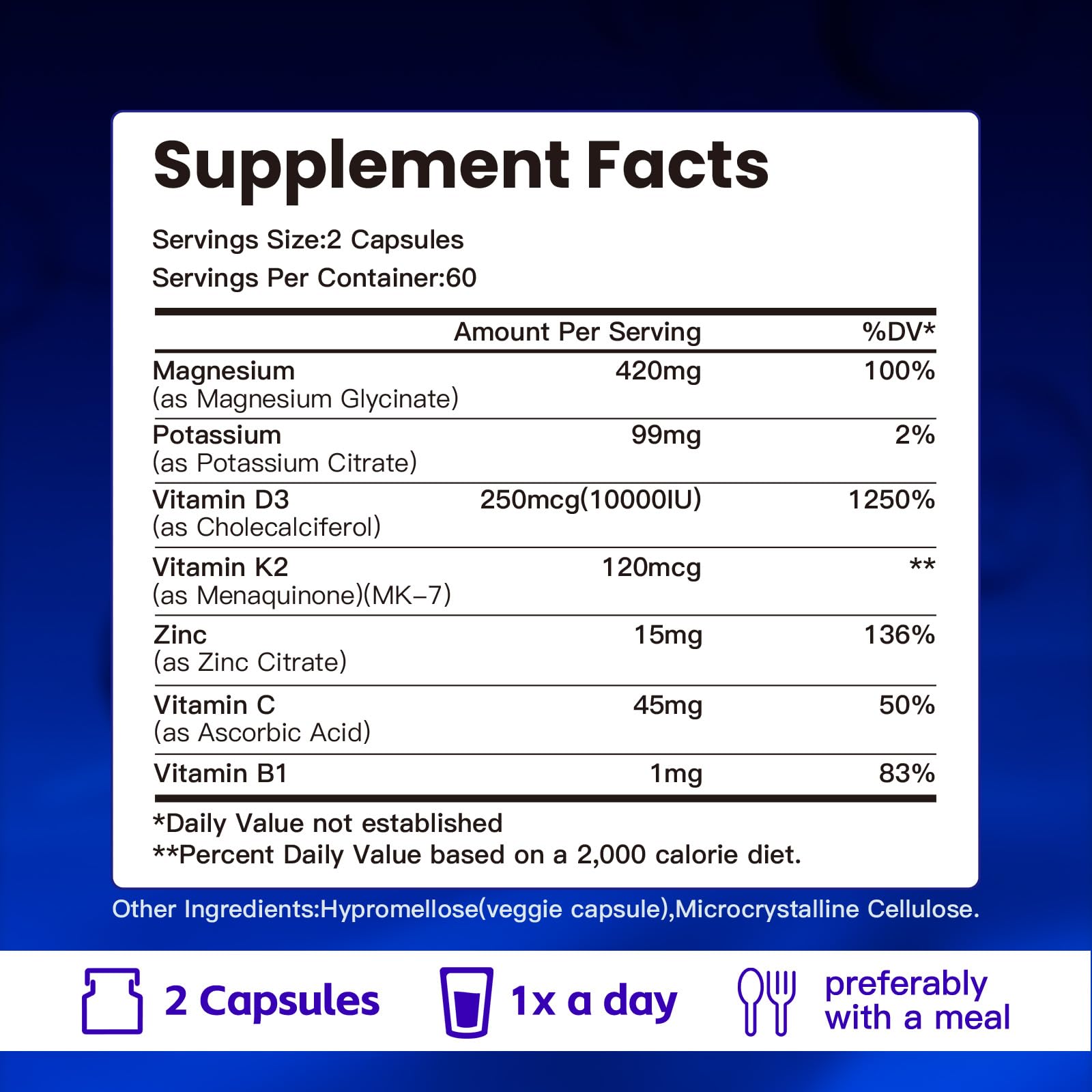 Daily serving illustration showing 2 capsules for VPKIN