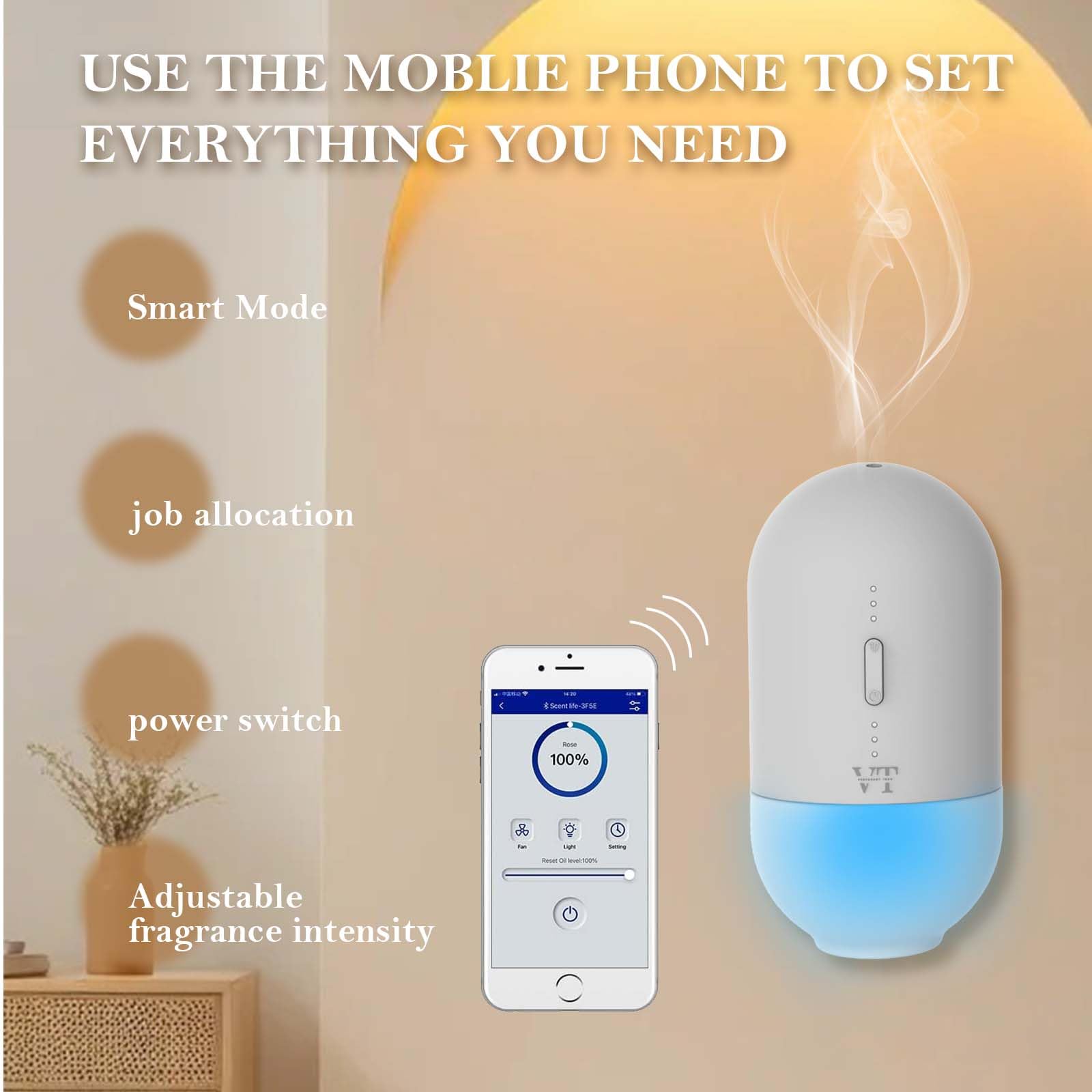 VT VERYSCENT TECH app-control diffuser demonstrates smart scent scheduling on screen.