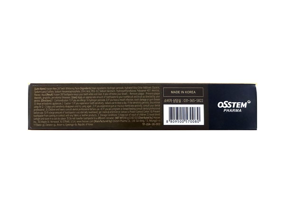 Made in Korea label on Vussen 28 toothpaste packaging