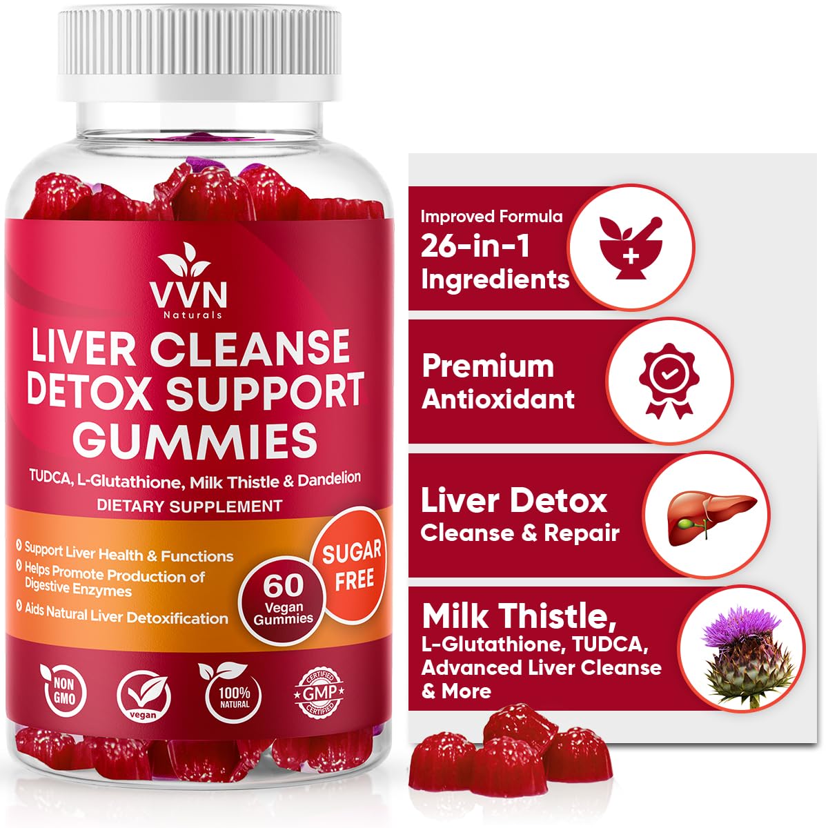 VVNaturals Liver Detox Gummies bottle - 60 vegan count (front)