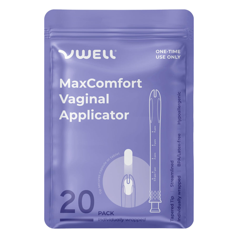 VWELL MaxComfort with tapered tip held in hand for gentle insertion and comfort.
