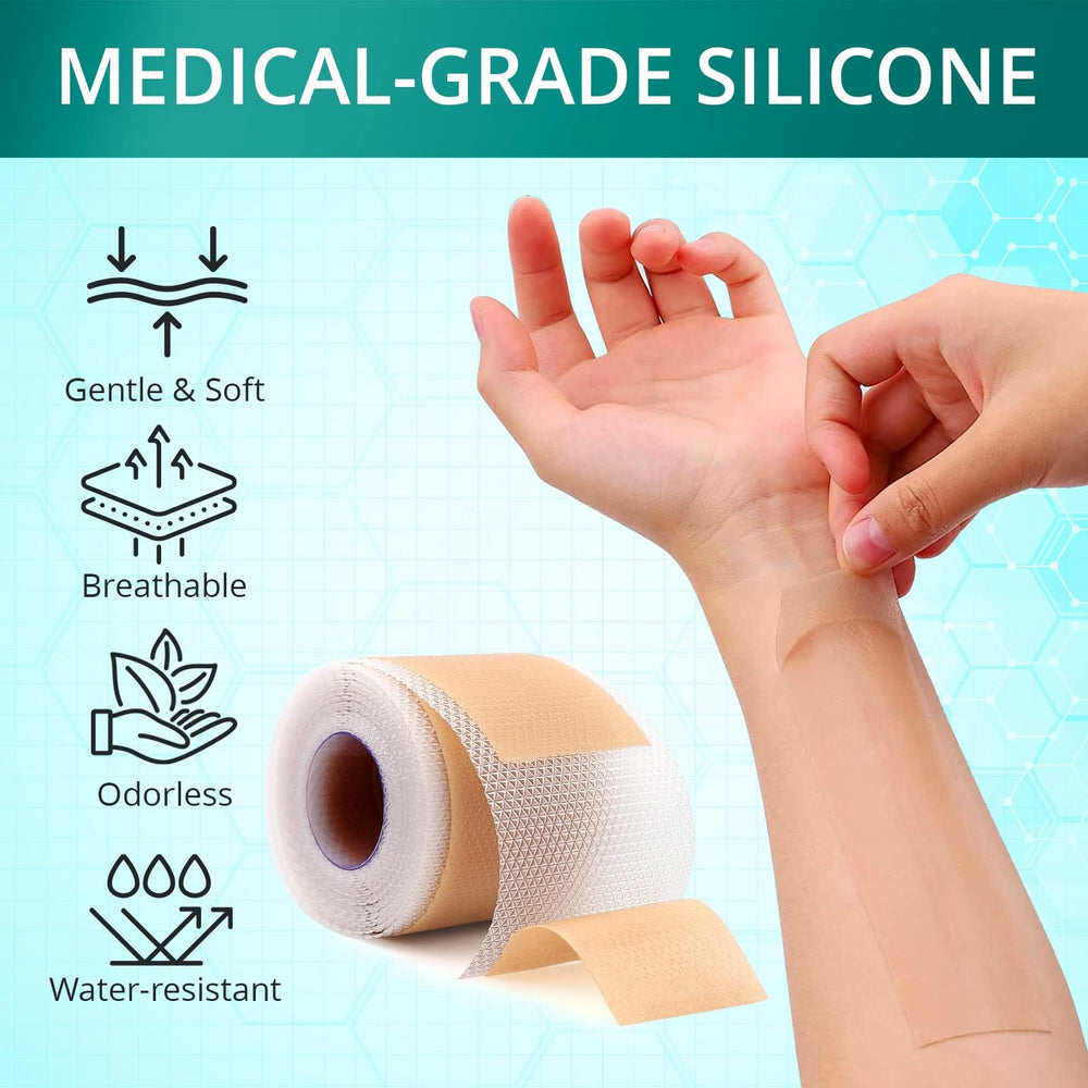 Vxoyo silicone scar sheets on skin application blends with tone.