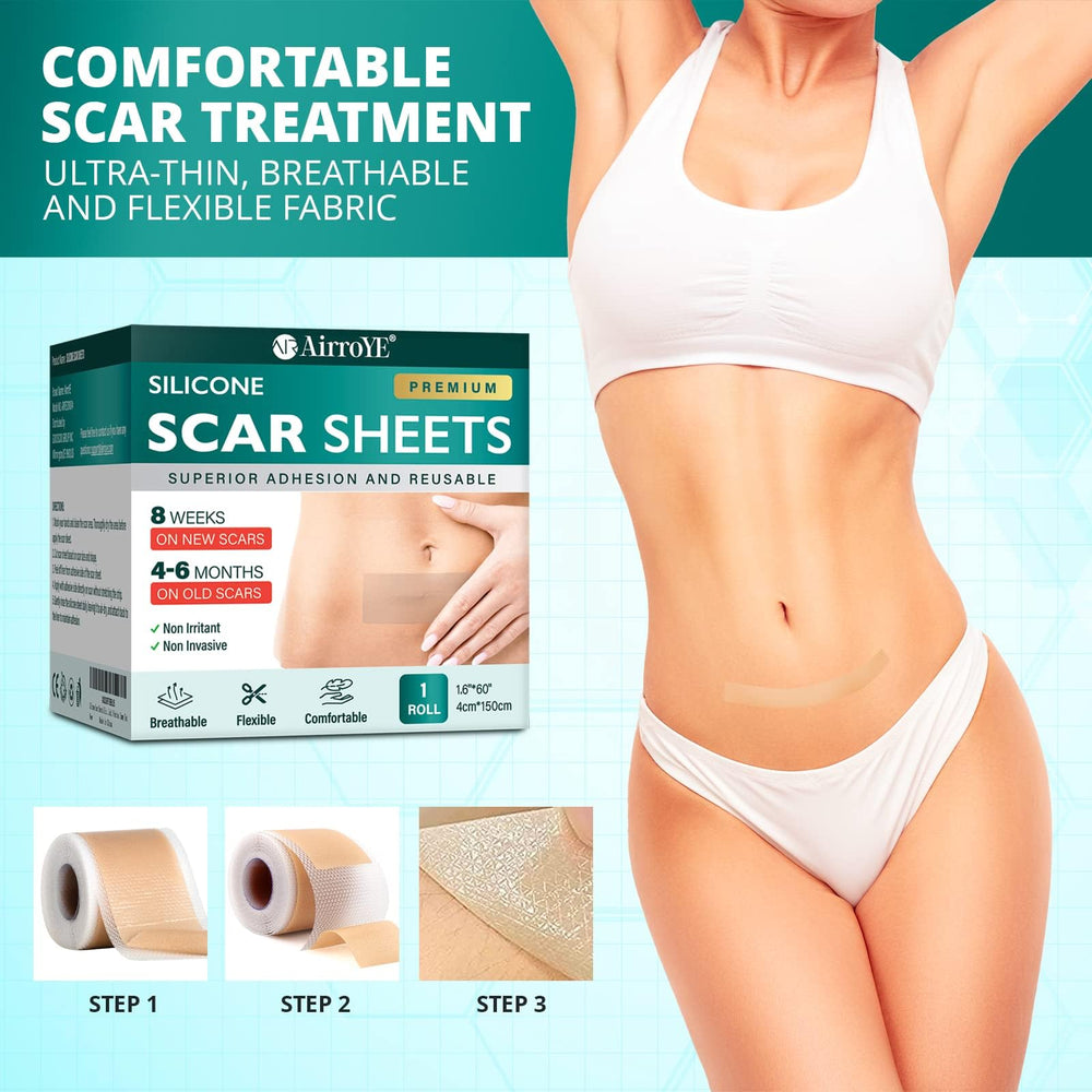 Vxoyo silicone scar sheets packaging and use in-home care.