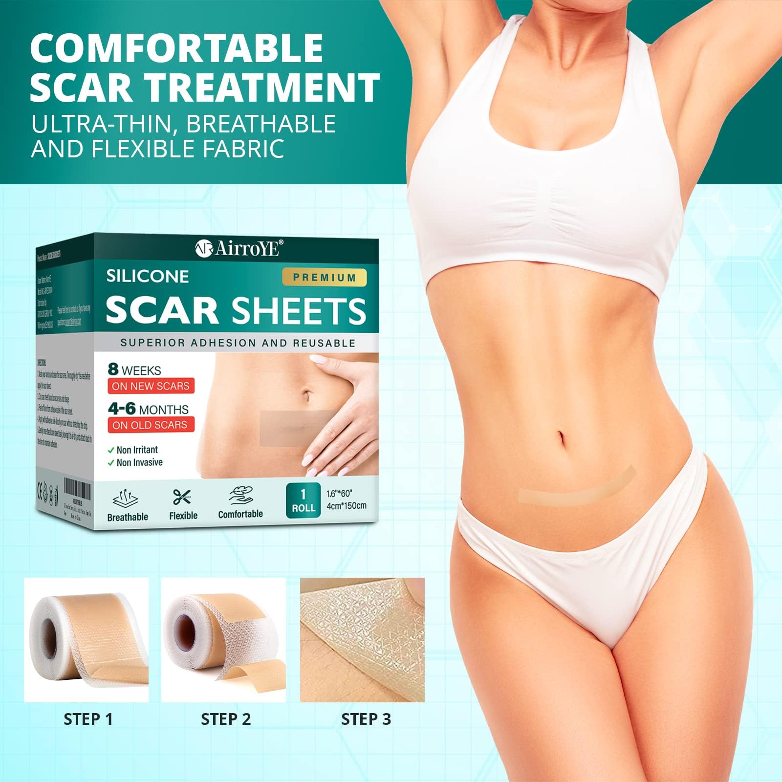 Vxoyo silicone scar sheets packaging and use in-home care.