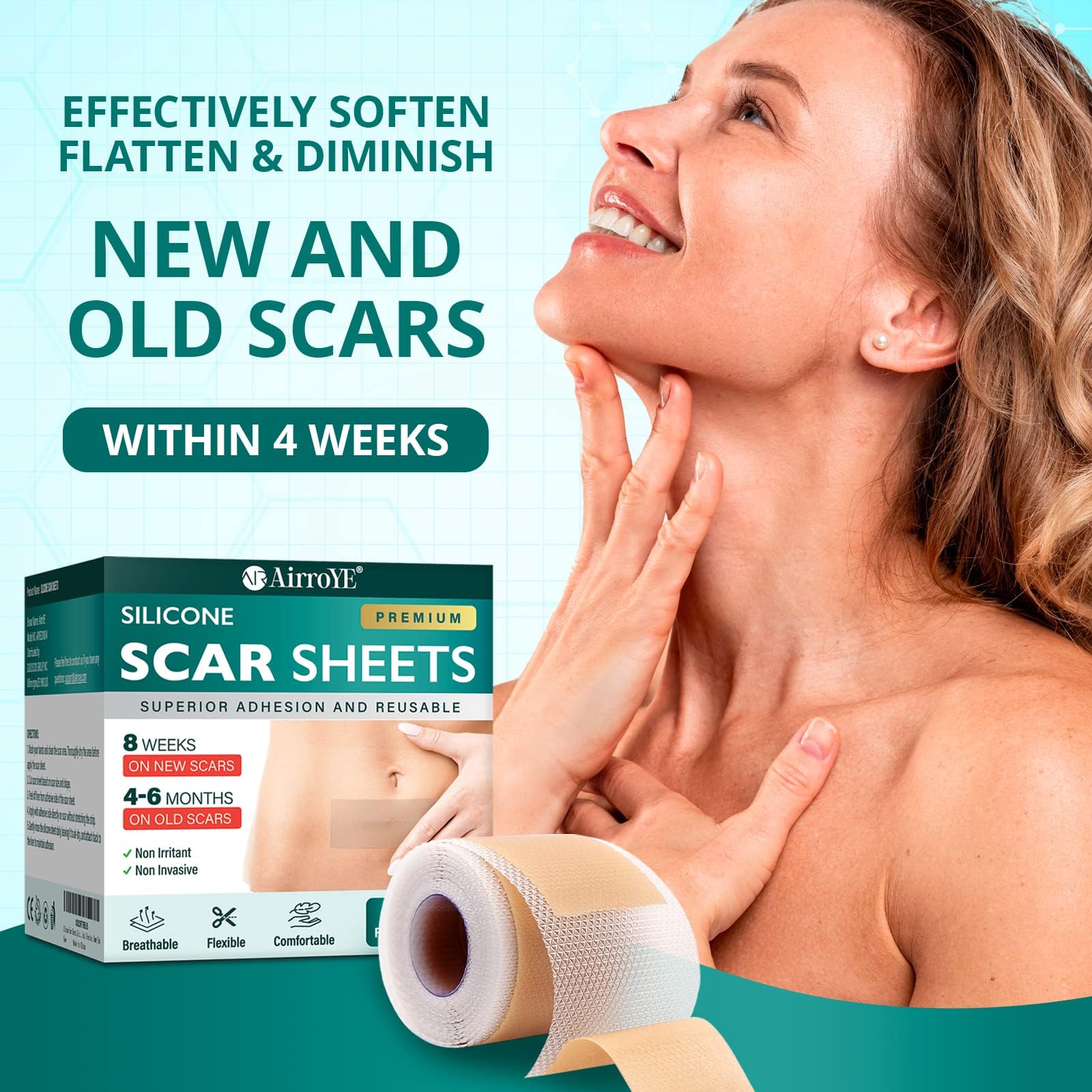 Vxoyo silicone scar sheets skin-tone matching for low visibility.
