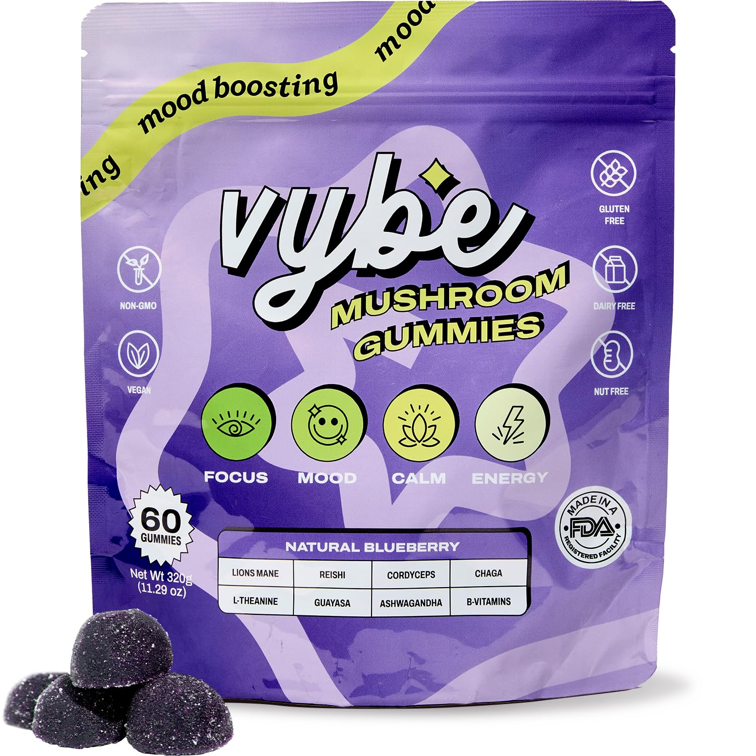 Hero shot of Vybe Daily Nootropic Gummies blueberry flavor bottle