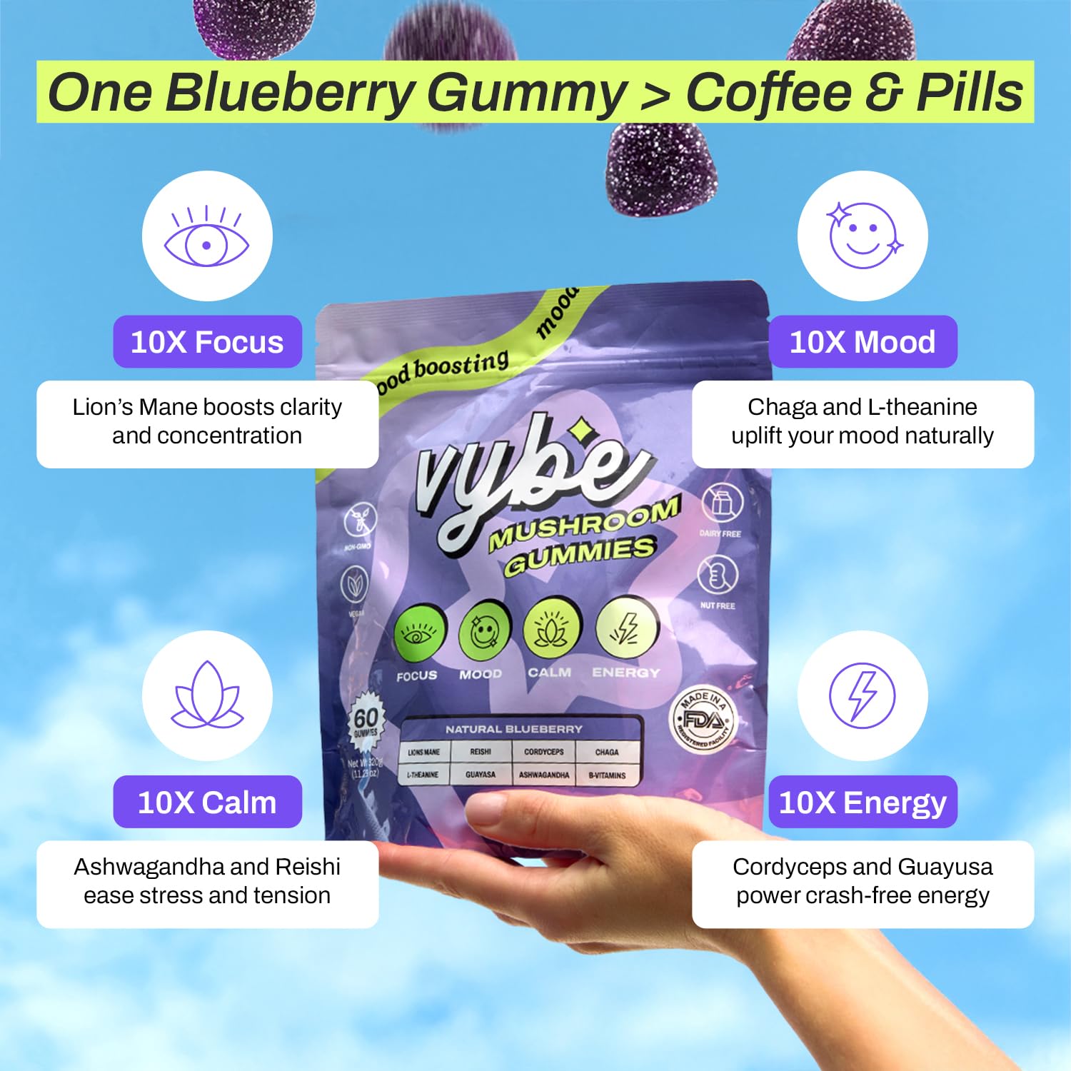 Vybe Gummies packaging with ingredient list on label