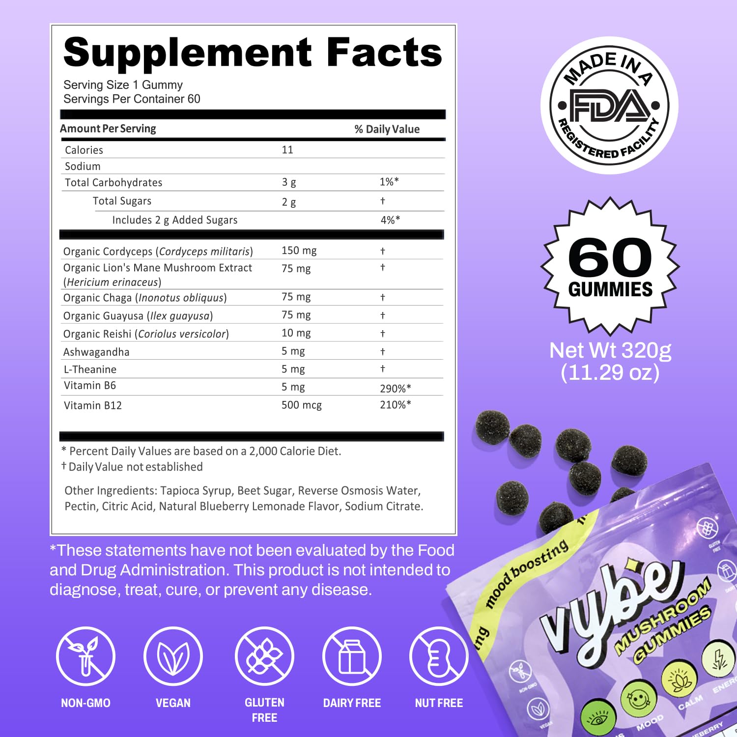 Close-up of Vybe Gummies label with blueberry flavor