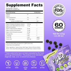 Close-up of Vybe Gummies label with blueberry flavor