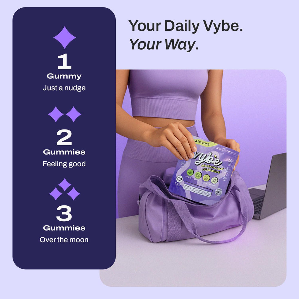 Serving suggestions showing focus, energy and mood benefits from Vybe Gummies