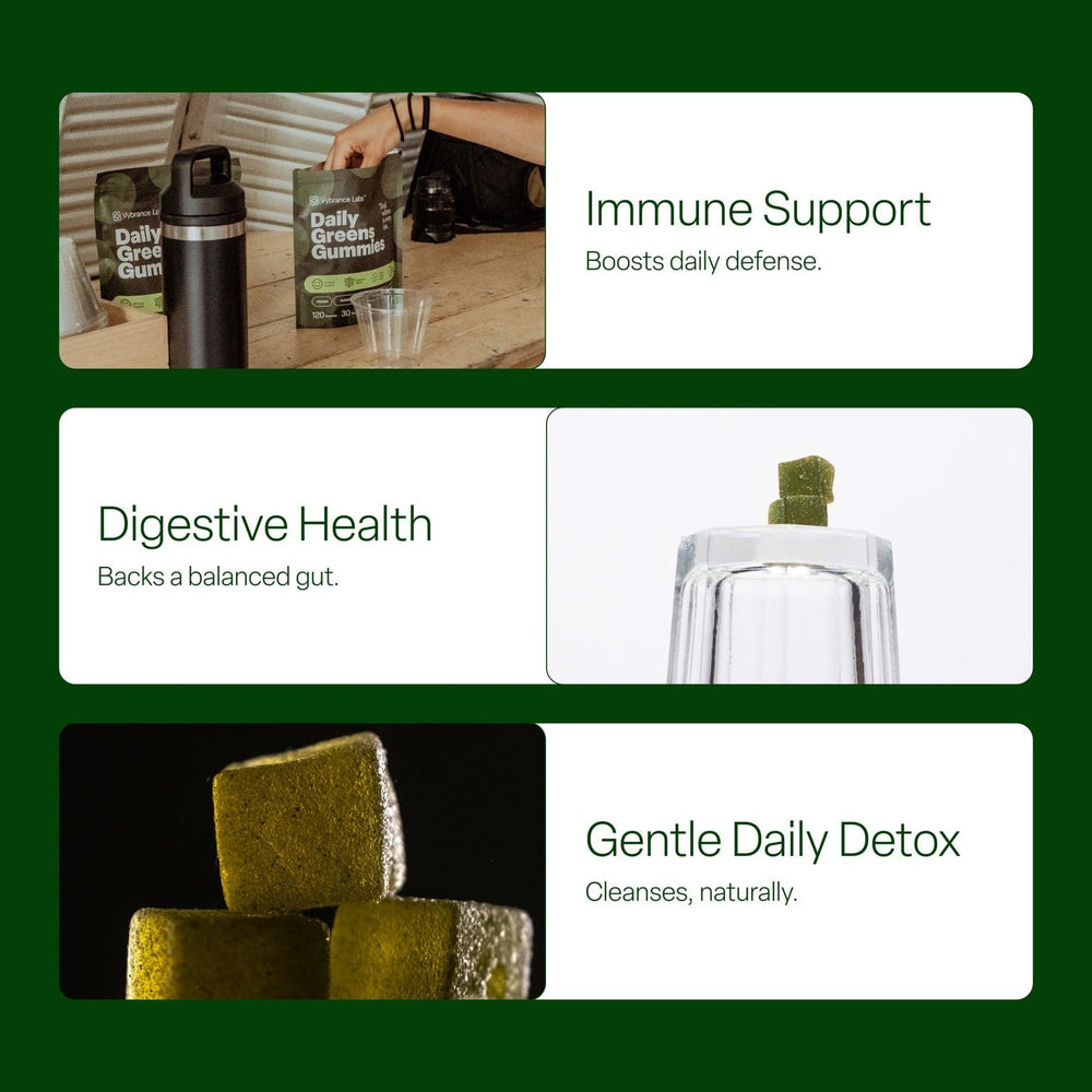 VYBRANCE LABS Daily Greens Gummies berries image conveys mixed berry flavor and antioxidants.