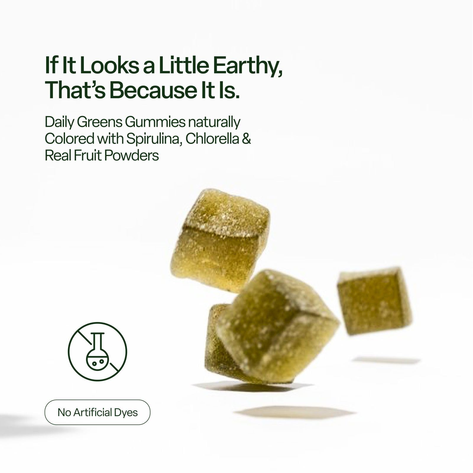 VYBRANCE LABS Daily Greens Gummies closeup highlights chewy texture and berry flavor.