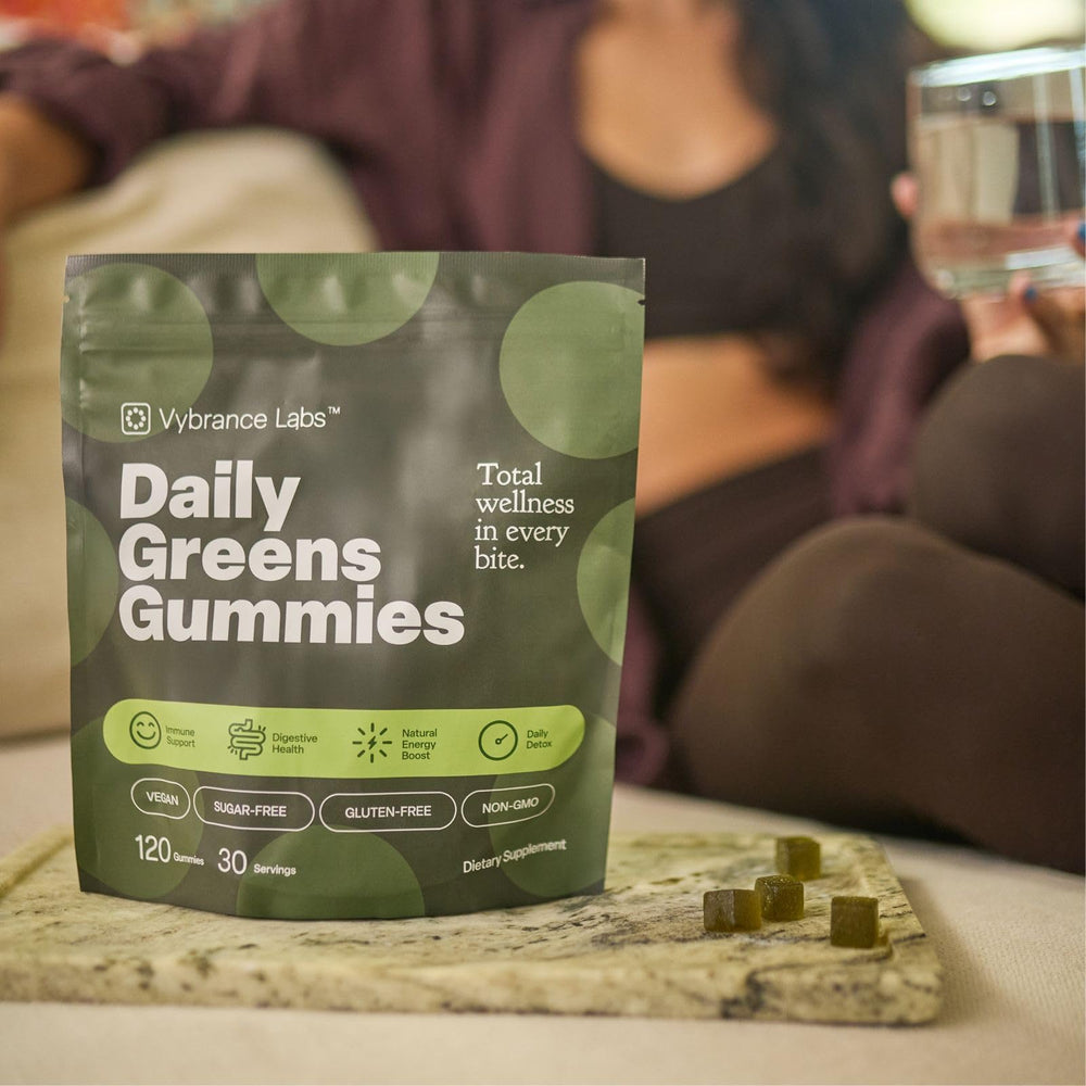 VYBRANCE LABS Daily Greens Gummies label emphasizes vegan, sugar free, and gluten free benefits.
