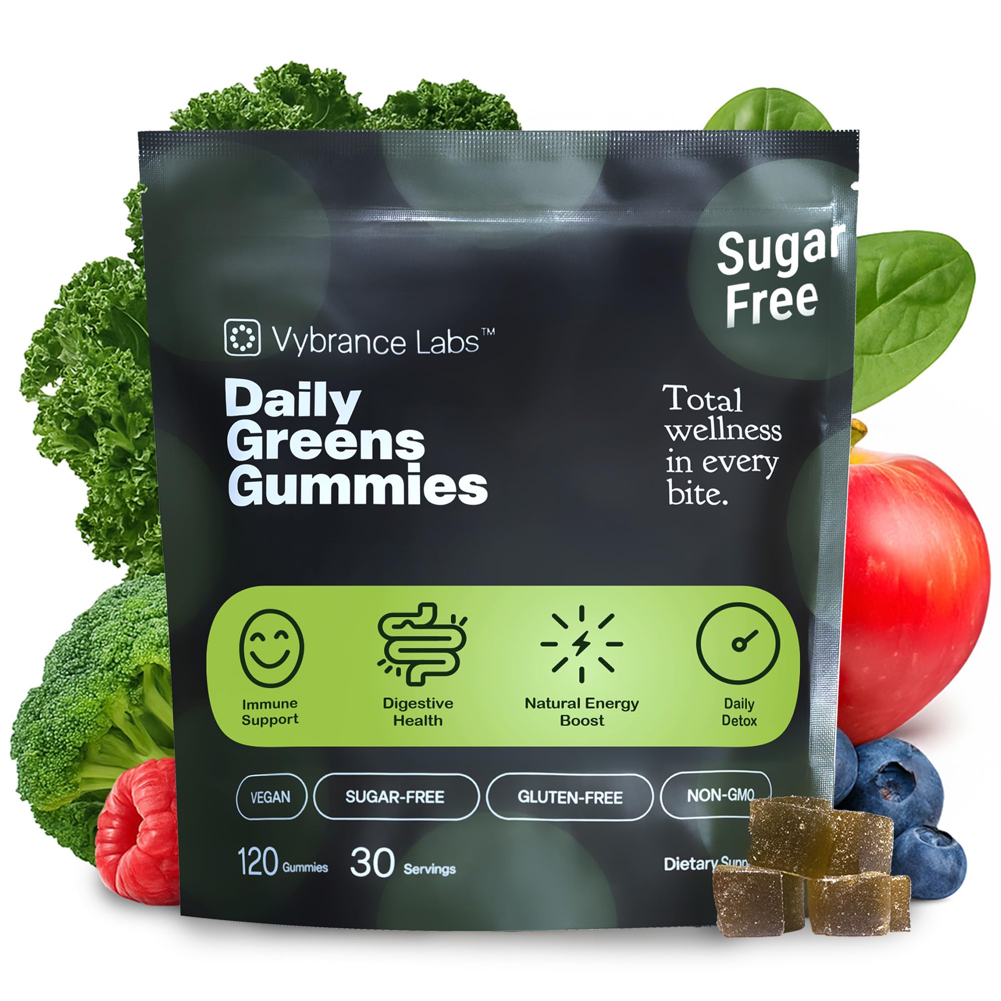 VYBRANCE LABS Daily Greens Gummies pouch for on the go wellness and zero mess daily use.