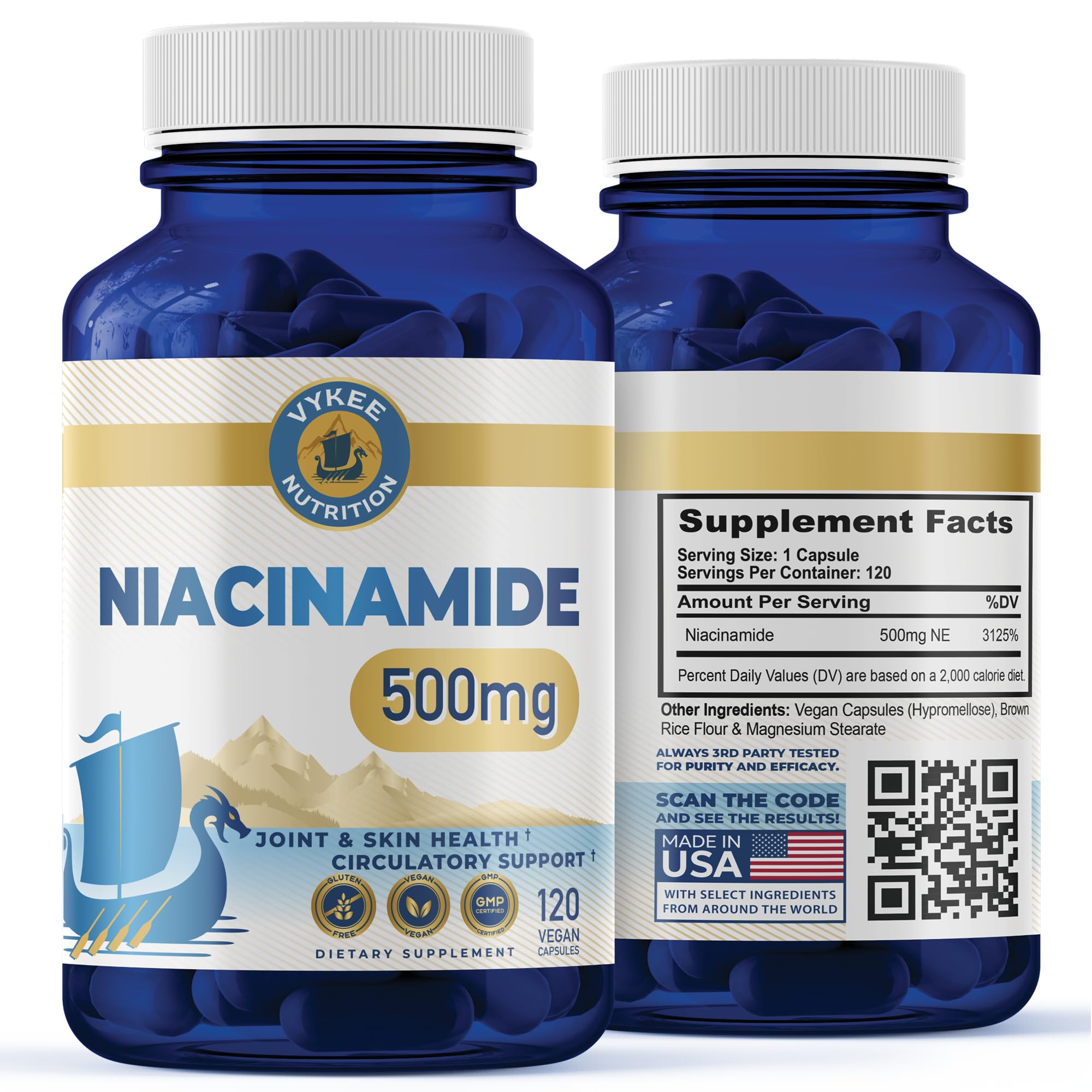 Vykee Nutrition Niacinamide Capsules bottle front - 120 capsules