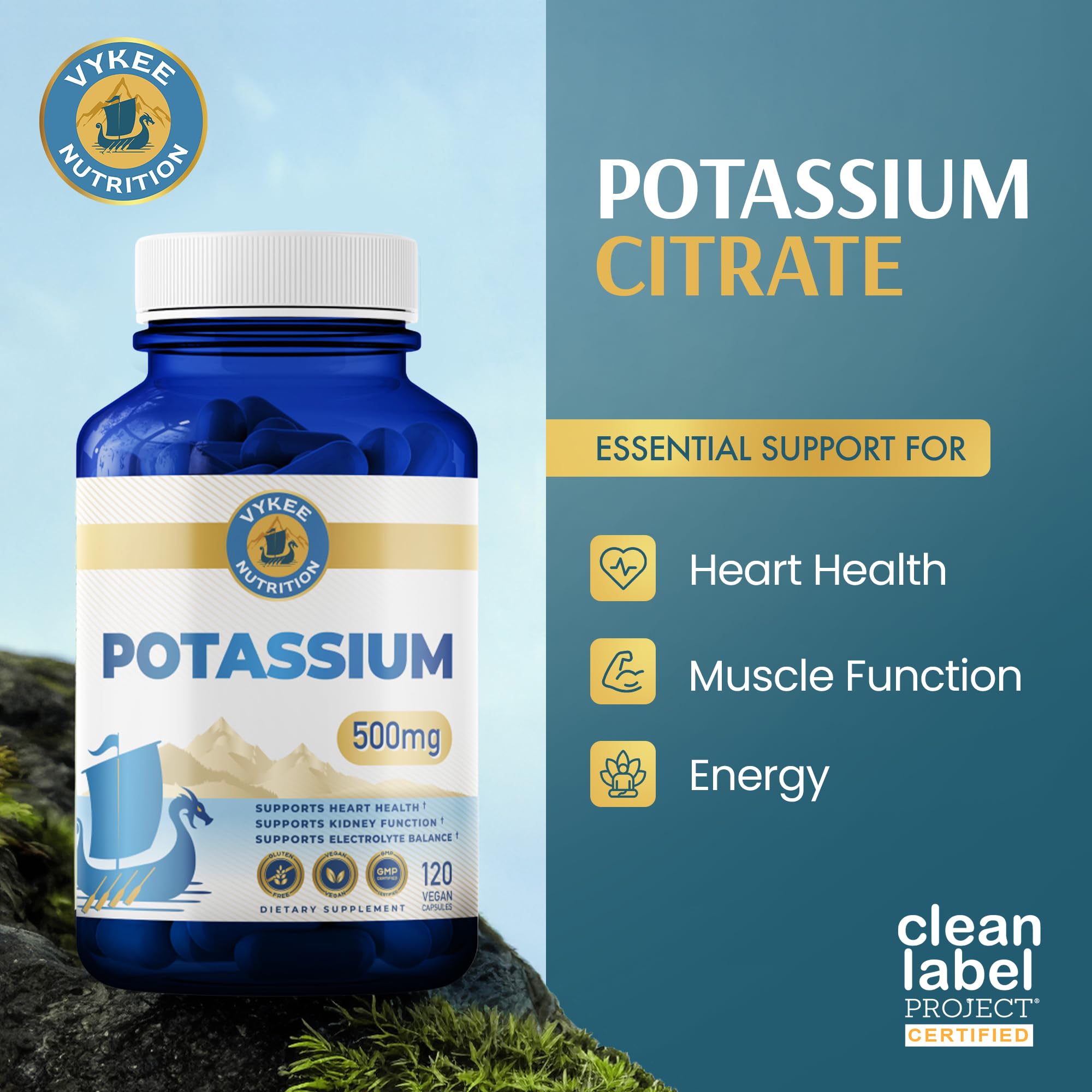 Angled shot of Vykee Nutrition Potassium Citrate Capsules bottle