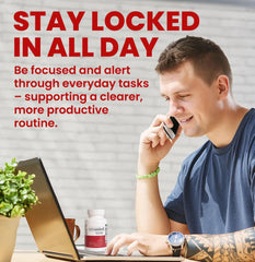 User taking Vyvamind capsules during a busy morning workflow