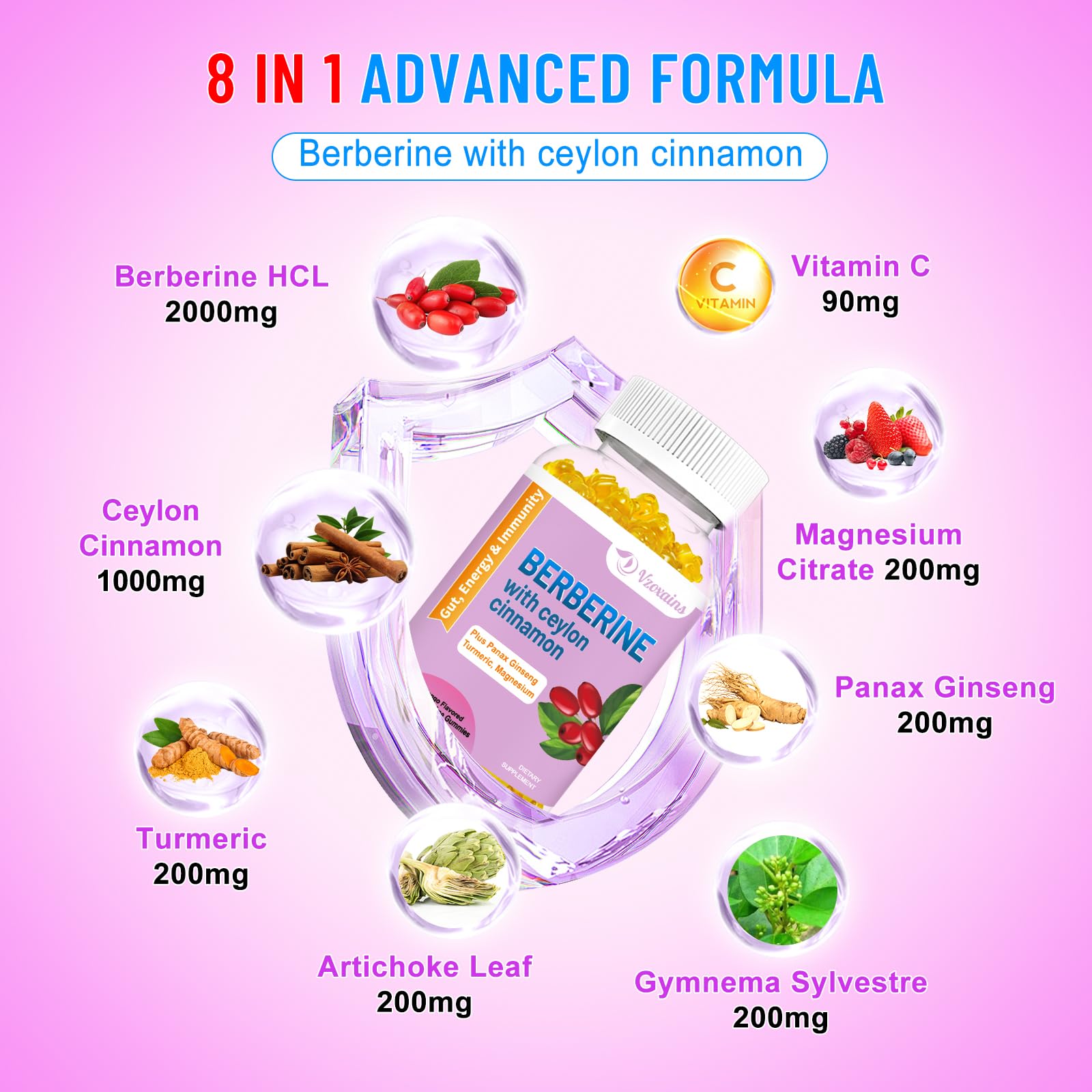 Gummy bottle ingredients include Berberine HCl, Cinnamon and Turmeric