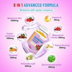 Gummy bottle ingredients include Berberine HCl, Cinnamon and Turmeric