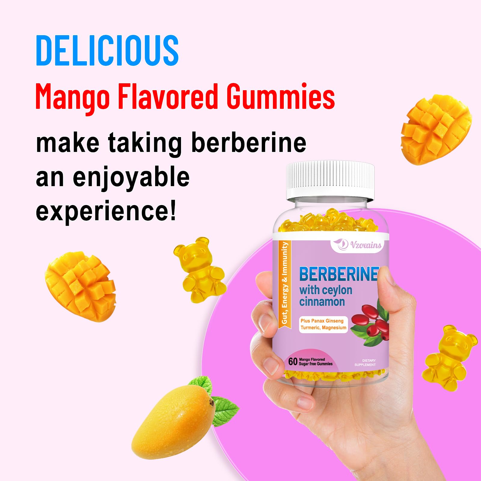 Sealed bottle of VZOXAINS Berberine gummies on display