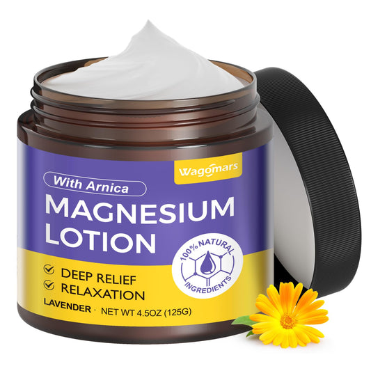 Wagomars Magnesium Lotion bottle on a nightstand supports calmer evenings and better sleep