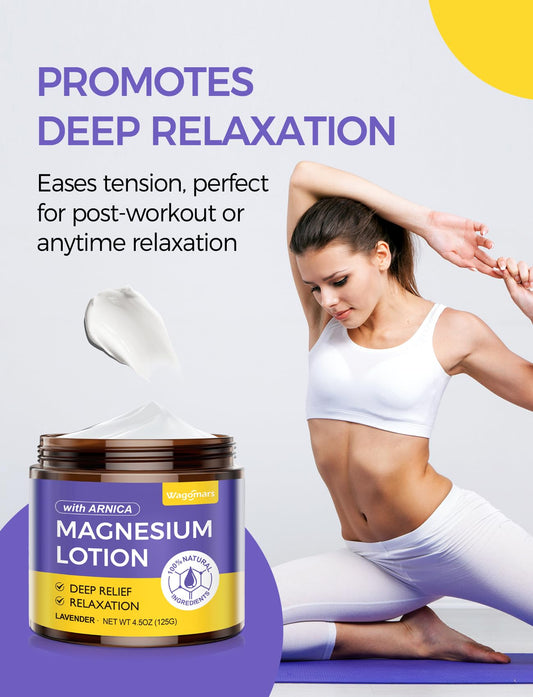 Wagomars magnesium lotion jar highlights Arnica, Shea Butter, and Coconut Oil for skin comfort