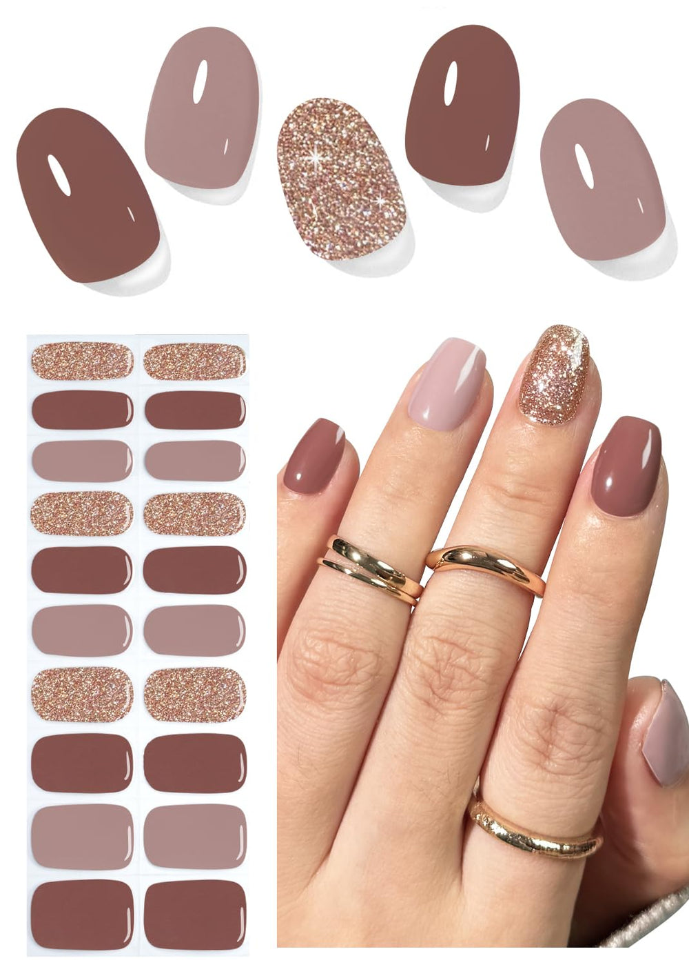 Wahrshei camel glitter semi-cured gel nail strips ready for quick salon-worthy nails