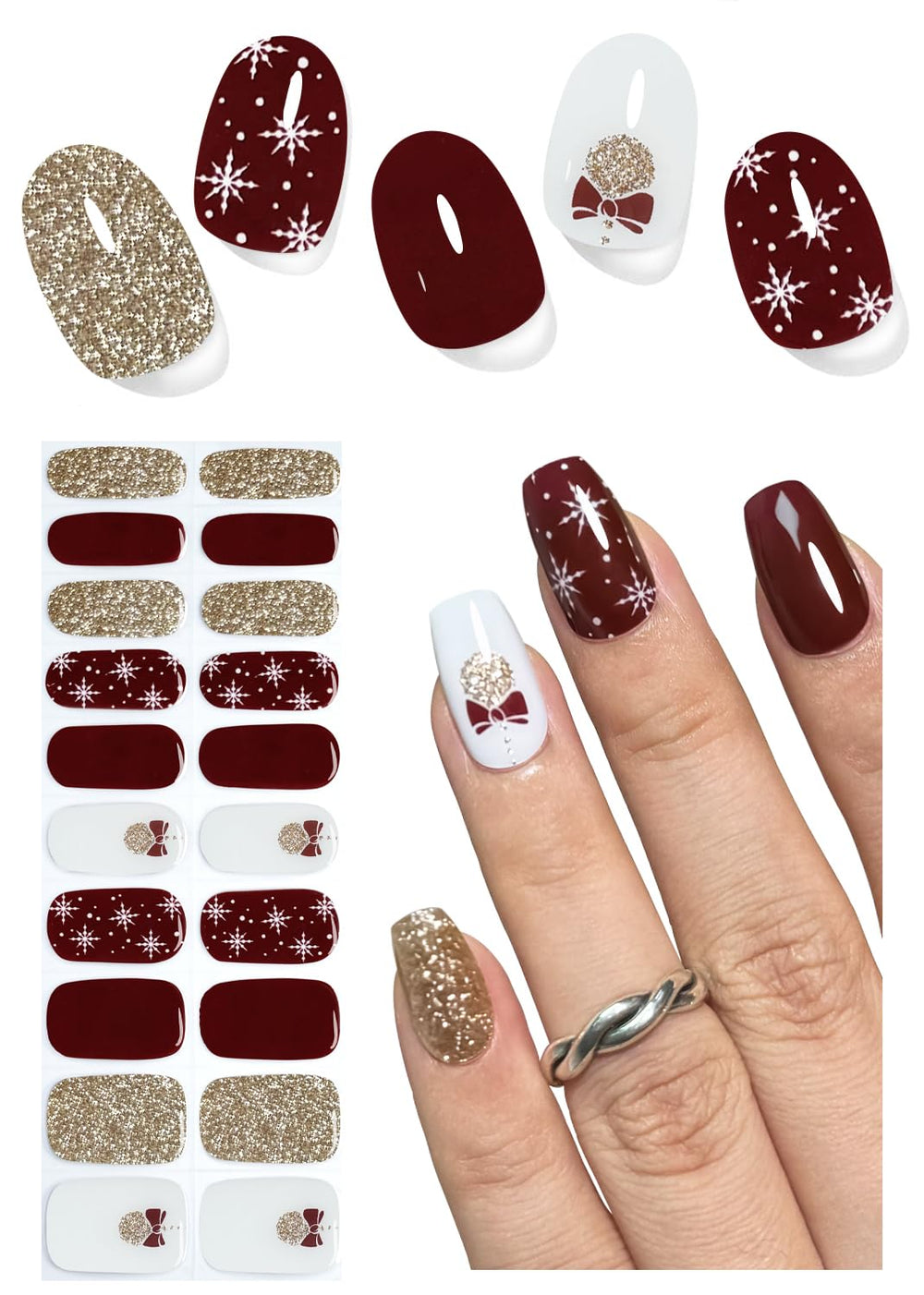 Wahrshei Christmas gel nail strips in festive packaging with glitter bell design