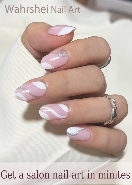 Wahrshei french nail strips application close-up for precise at-home French manicure.