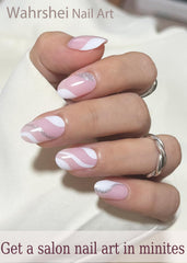 Wahrshei french nail strips application close-up for precise at-home French manicure.