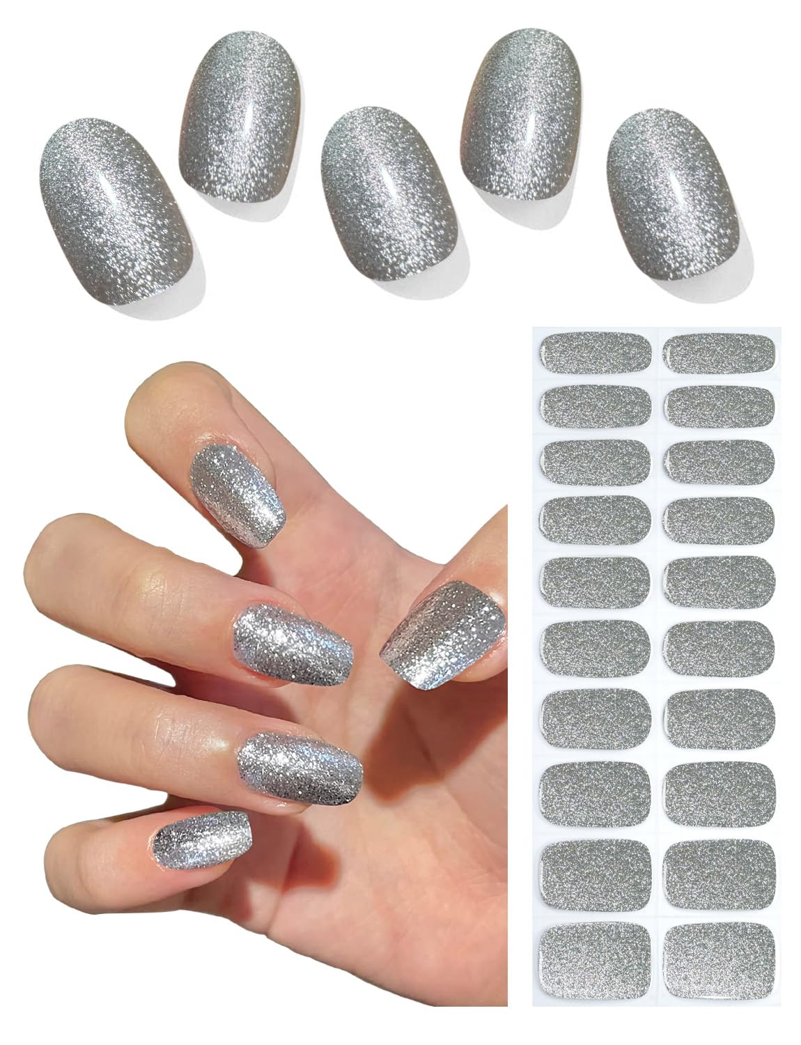 Wahrshei semi-cured gel nail strips with diamond glitter close-up for salon shine.