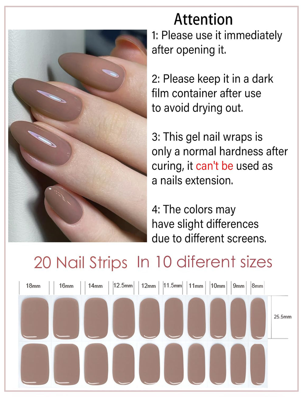 Wahrshei jelly brown nail strips applied on natural nails for DIY manicure