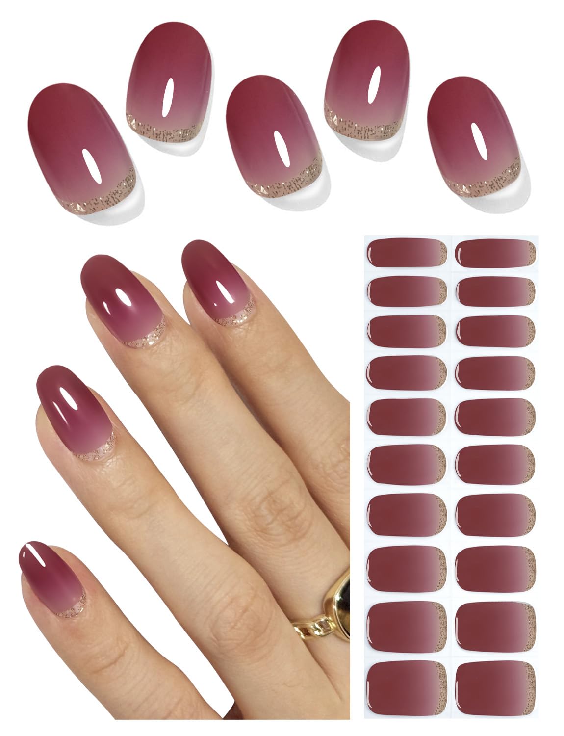 Wahrshei semi-cured gel nail strips in plum ombre glitter for easy at-home manicures.