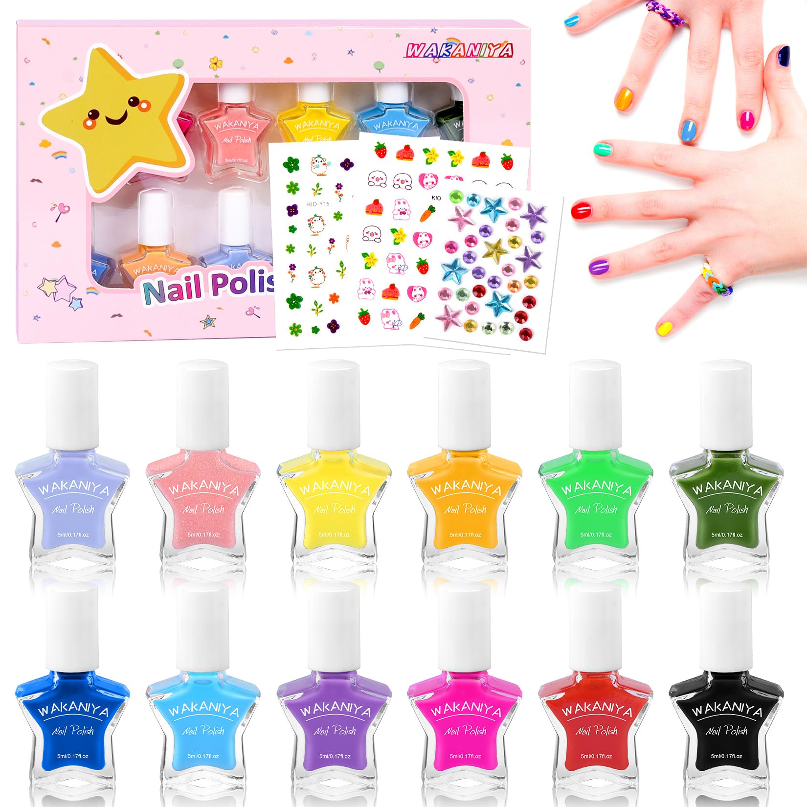 wakaniya kids nail polish 12 colors collection for creative, safe nail art