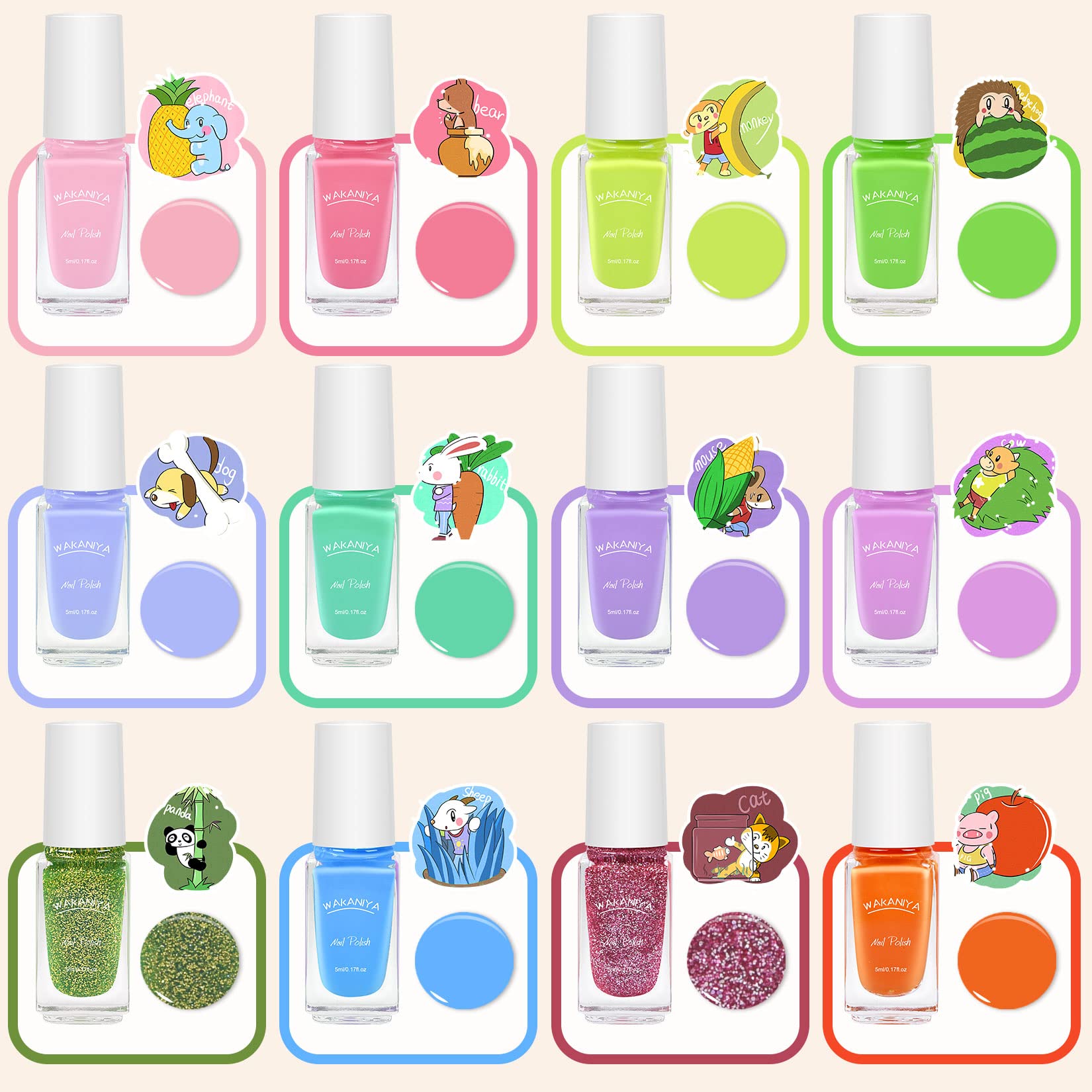 Wakaniya kids nail polish 12 colors display highlights vibrant, safe options for little artists.