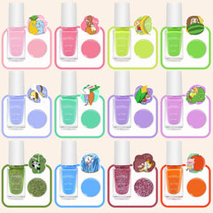 Wakaniya kids nail polish 12 colors display highlights vibrant, safe options for little artists.