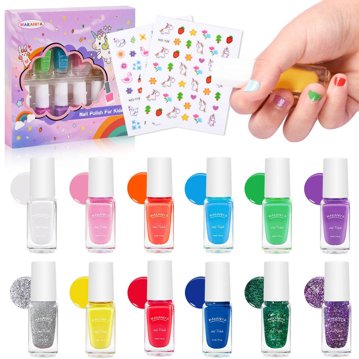 wakaniya kids nail polish set with 12 rainbow bottles for colorful, safe play