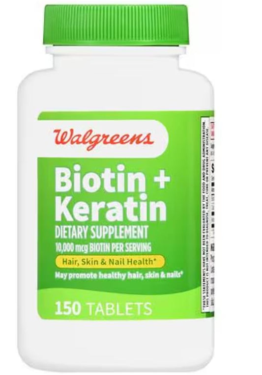 Back label on Walgreens Biotin + Keratin bottle showing 150-count