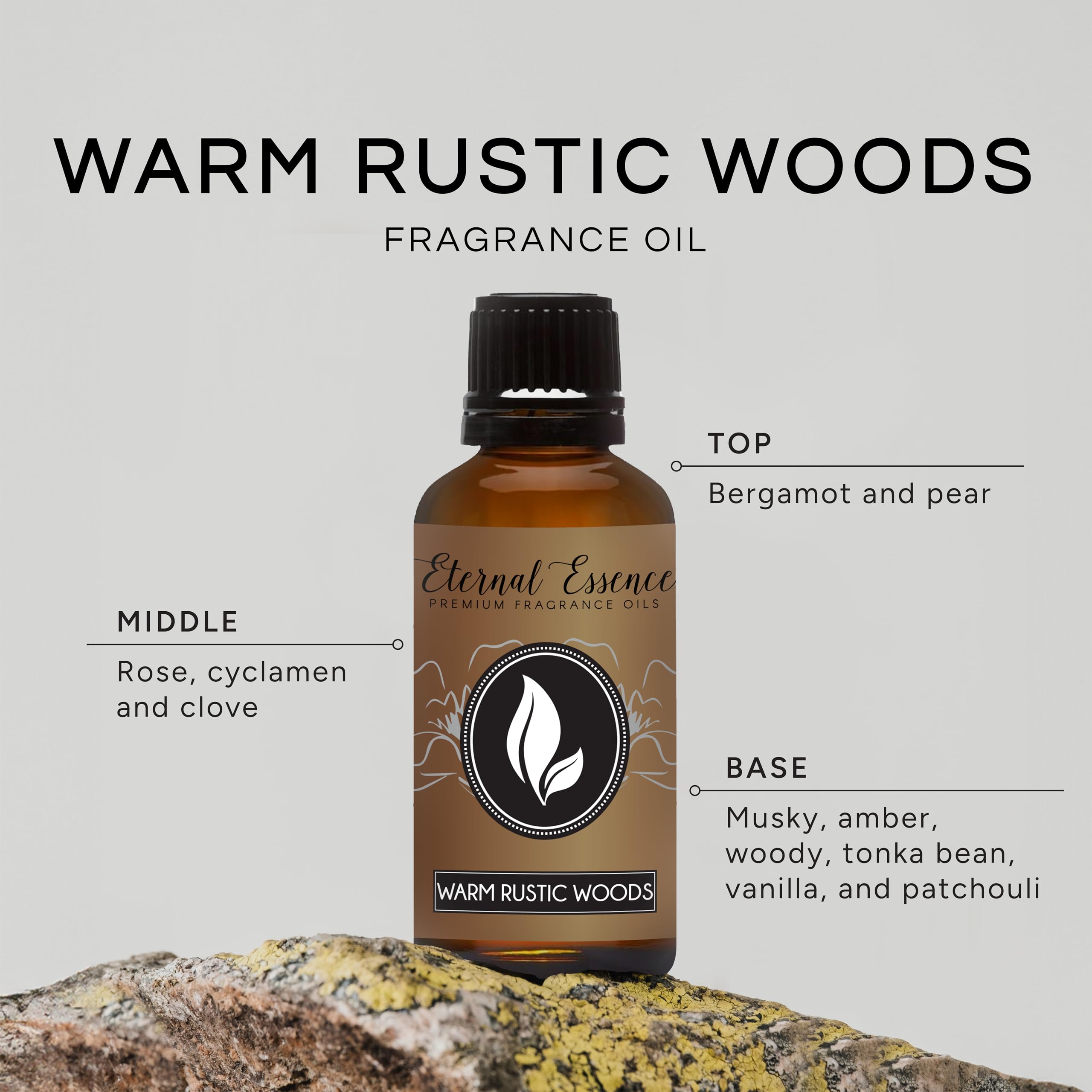Close-up of Warm Rustic Woods 30ml fragrance oil bottle with label