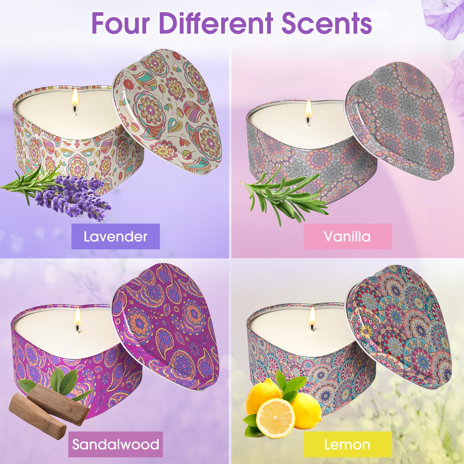 Sandalwood scented candle in a heart-shaped tin
