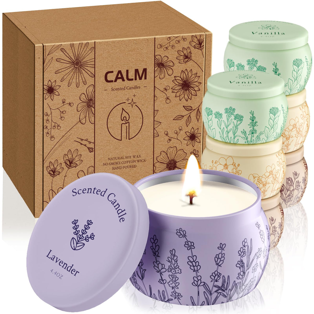 WarmEmbrace 8-piece candle set jars featuring lavender, vanilla, rose & sandalwood, and jasmine fragrances