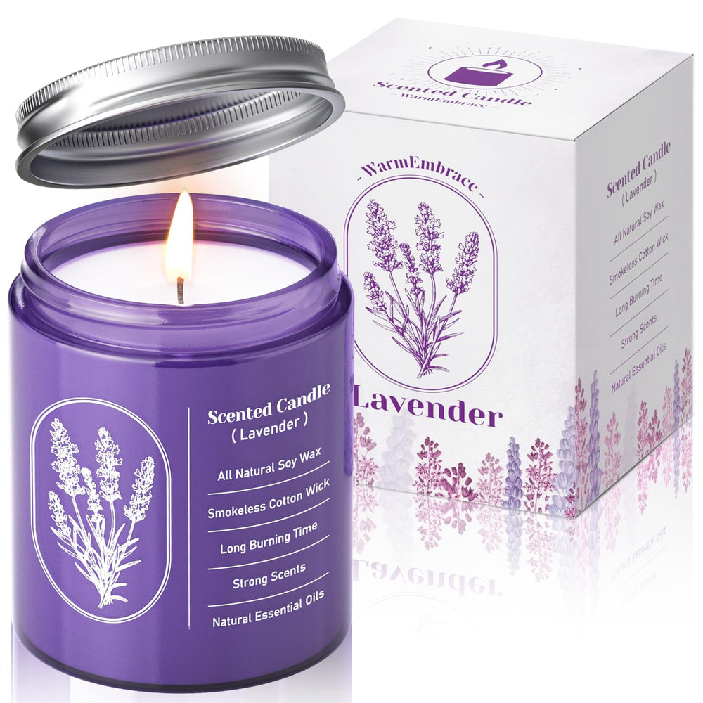 Front view of WarmEmbrace lavender scented candle in a purple 7.5 oz glass jar