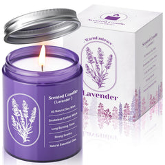 Front view of WarmEmbrace lavender scented candle in a purple 7.5 oz glass jar