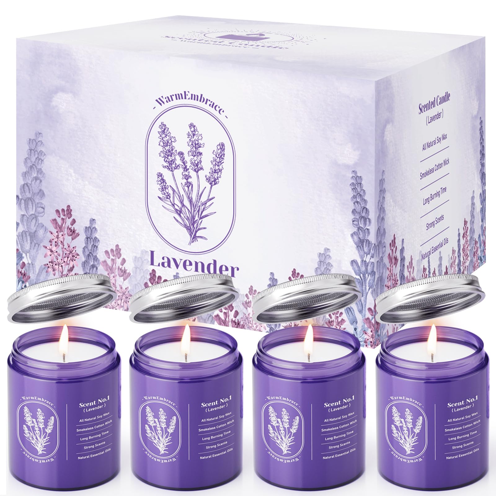 WarmEmbrace Lavender Candle in purple glass jar - front view