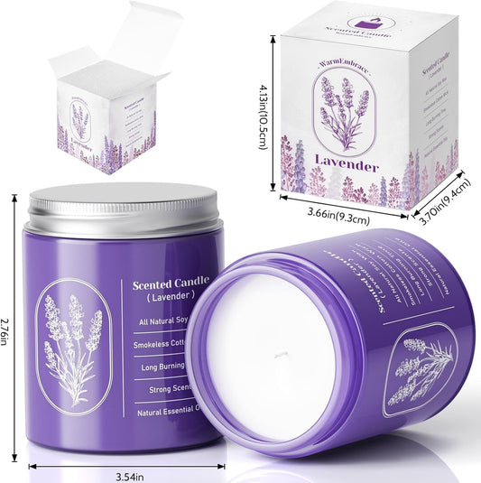 Lavender scented candle in purple jar - side view
