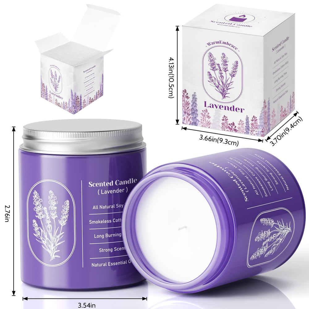Side view of WarmEmbrace lavender candle with purple glass jar