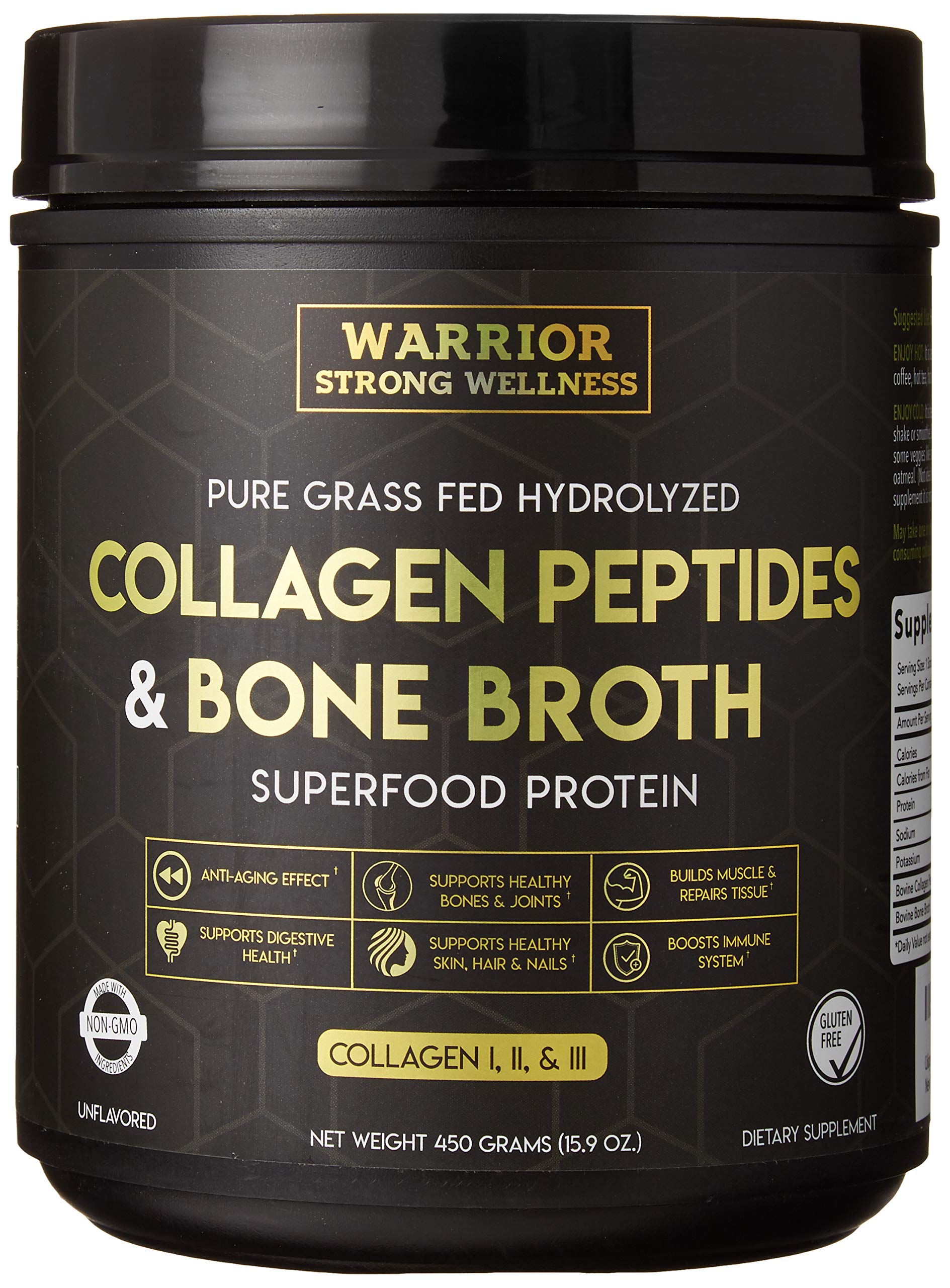 Jar of Warrior Strong Wellness collagen peptides and bone broth powder, grass-fed, unflavored.